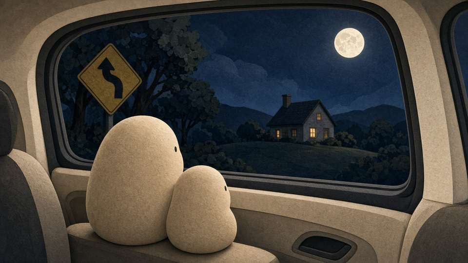 Big Wonderer and Little Wonderer looking out a car window: nearby trees shift a lot, the far moon barely moves.
