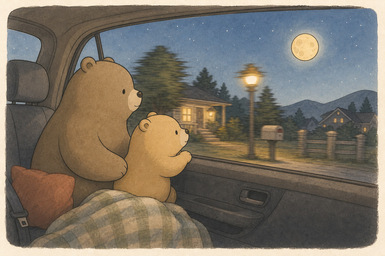 Big Wonderer and Little Wonderer sharing a quiet look out the car window.